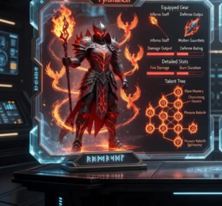 Two fantasy RPG character builds compared in a split dashboard