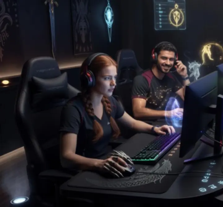 Fantasy RPG gamers analyzing stats together in a futuristic dashboard setting