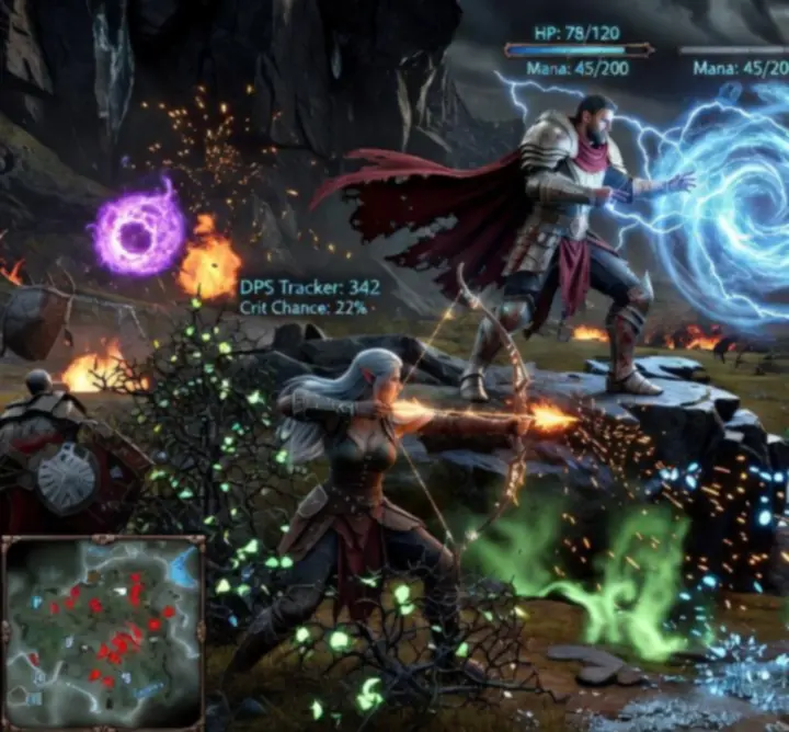 Analytical view of a tactical fantasy RPG battle in Divinity: Original Sin 2 with glowing stat overlays