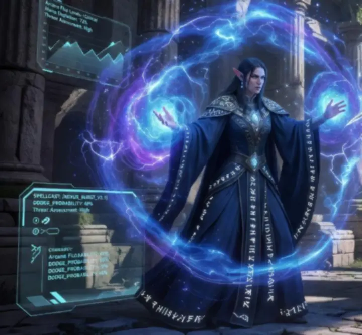 Intense fantasy RPG battle scene with magic and melee combat under a dark sky