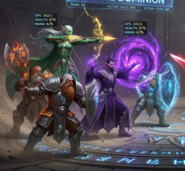 Fantasy RPG guilds battling in a magical arena