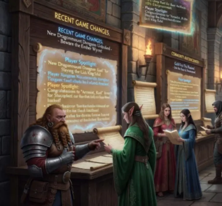 Fantasy RPG news hub with glowing holographic screens and updates