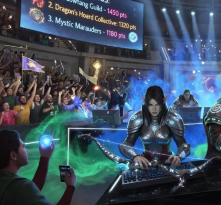 Fantasy RPG tournament scene with teams competing in an arena