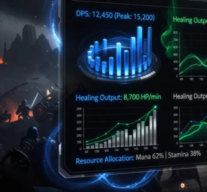 Fantasy RPG game analytics dashboard visualizing DPS, healing and resource metrics for Final Fantasy XIV