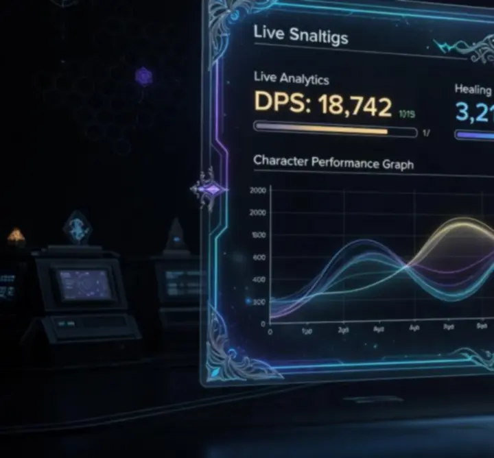 Fantasy RPG game stats dashboard showing DPS, survivability, and efficiency analytics for Baldur's Gate 3 characters