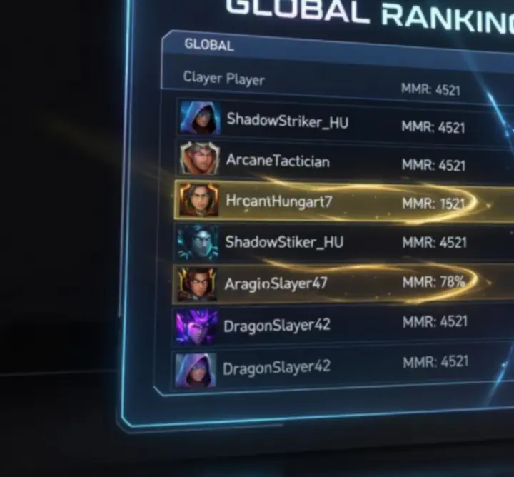 Stylized global leaderboard dashboard from a fantasy RPG game