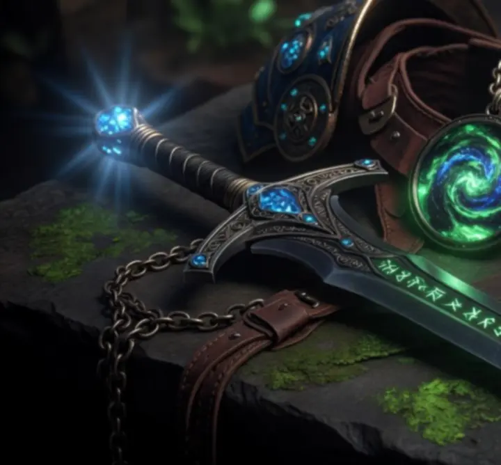 Glowing fantasy RPG weapons and armor laid out with magical runes and stats