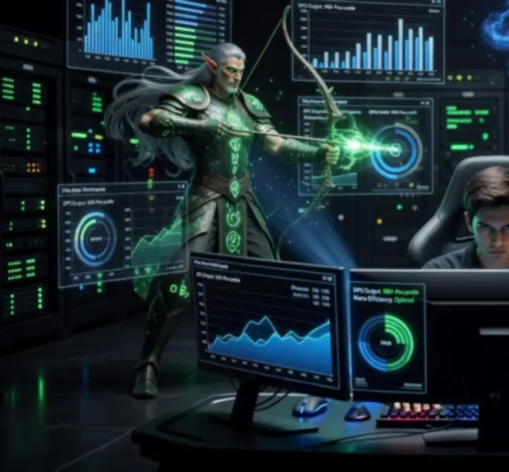 Player analyzing fantasy RPG stat dashboards in a glowing futuristic UI