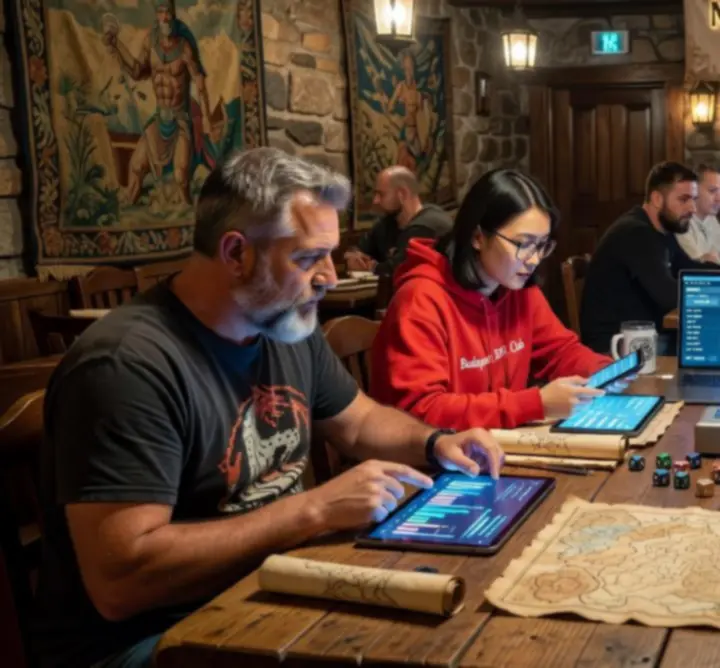 Hungary fantasy RPG gamers gathered around glowing tactical maps and stat dashboards