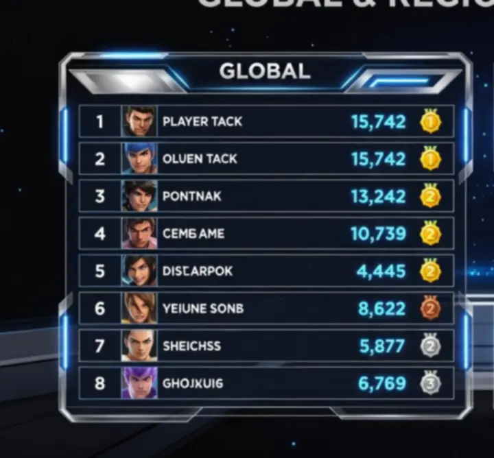 Glowing leaderboard UI ranking fantasy RPG players by score, clear time, and efficiency