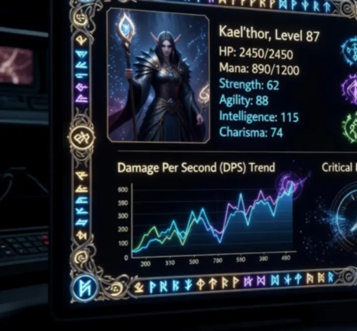 Advanced stat analytics dashboard UI for a fantasy RPG character