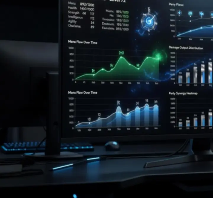 Metric Mate fantasy RPG stat optimization dashboard with glowing charts and metrics