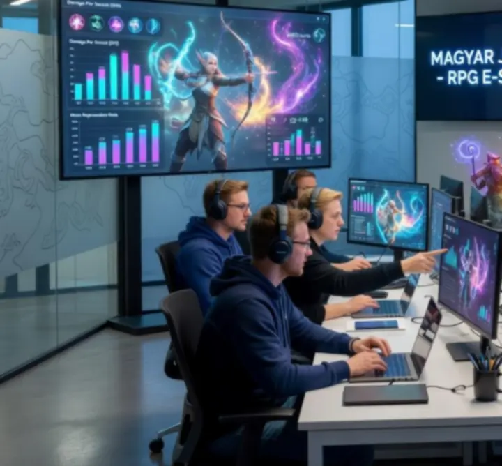 Hungary-based analytical fantasy gaming team collaborating over glowing dashboards and RPG stats